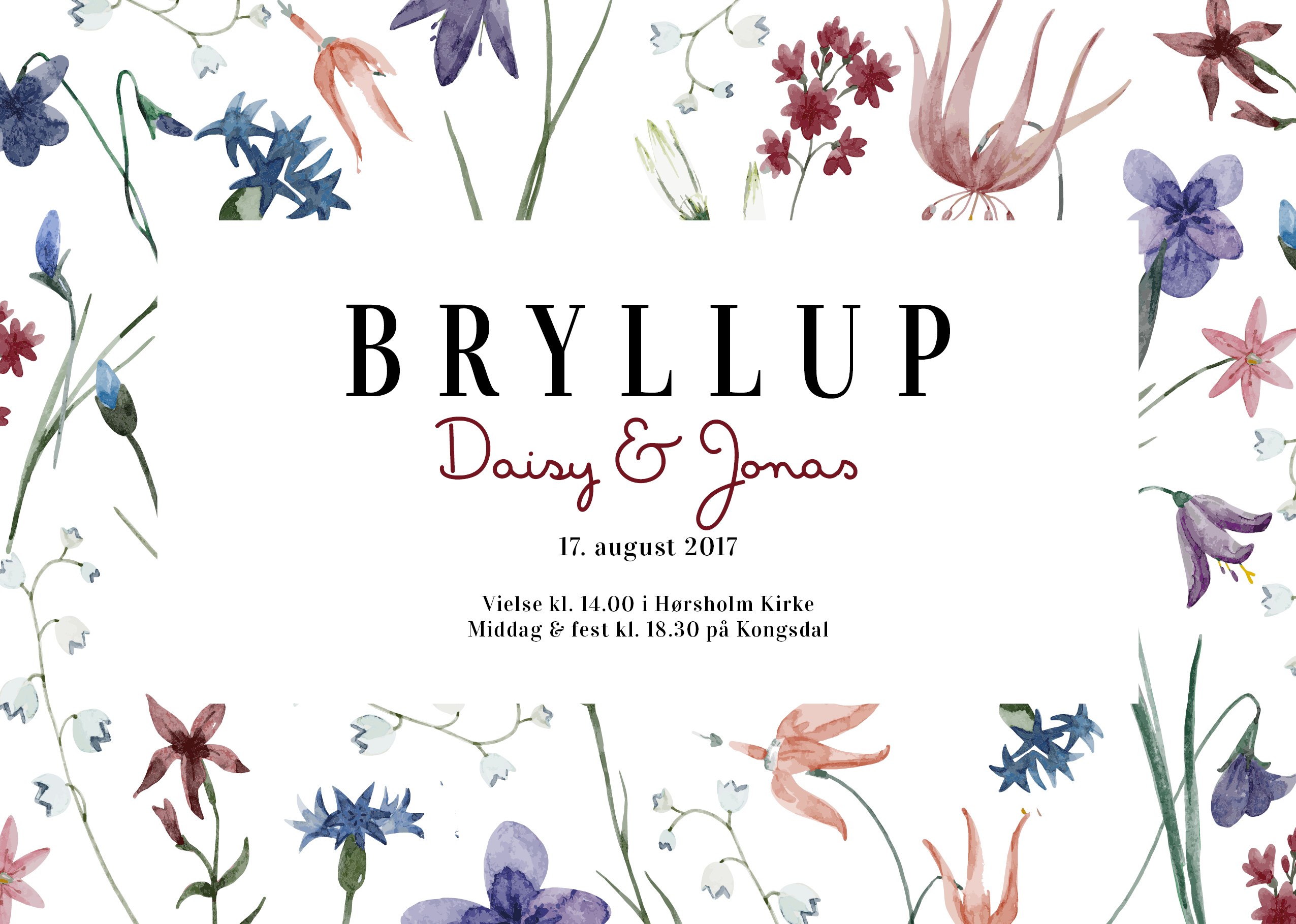 
                Bryllupsinvitation med smukke blomster i skønneste farver. Passer perfekt til et rustikt boheme bryllup et eller sommerbryllup. Brug bagsiden af invitationen til flere praktiske oplysninger eller et program over bryllupsfesten. Til designet kommer også matchende elementer i form af velkomstskilt, salmehæfte, bordoversigt, menukort, bordkort, drinkskort, takkekort mm. således I kan skabe en rød tråd for dagen.                